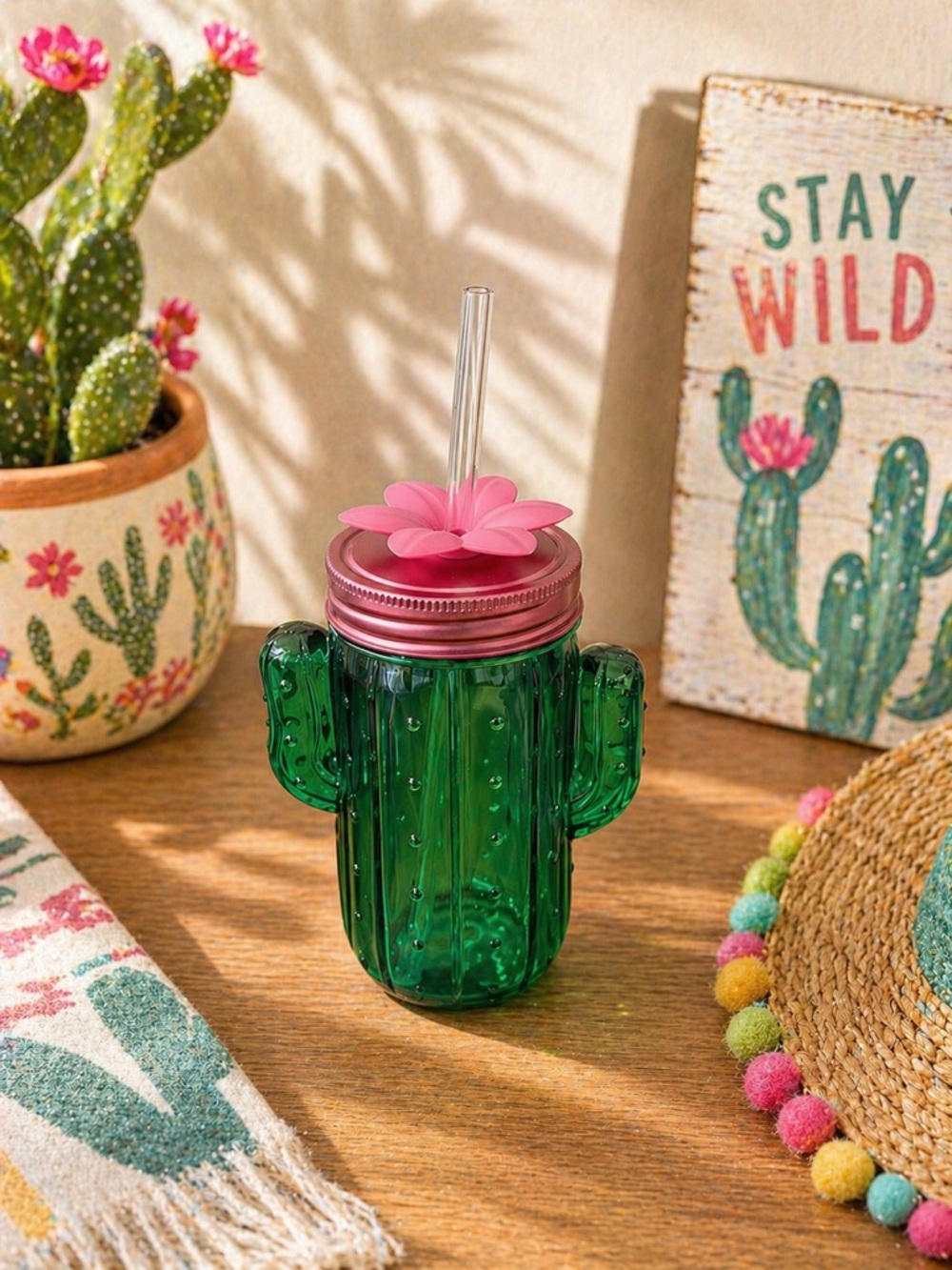 Cactus Plastic Mason Jar Tumbler with Pink Lid & Flower Straw